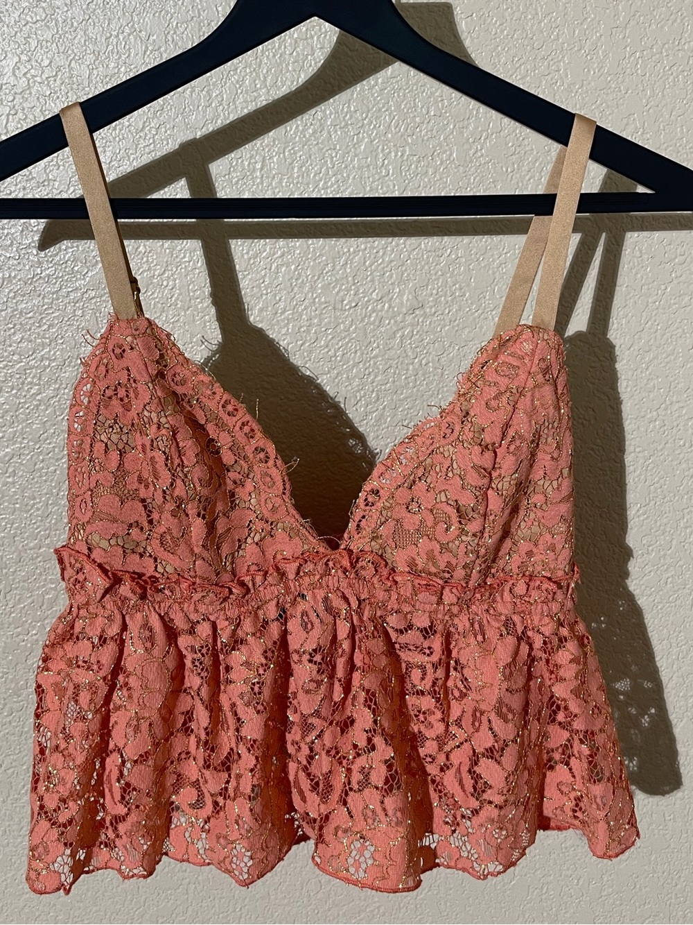 MAJORELLE Coral Lace Peplum Bralette with Gold Threading